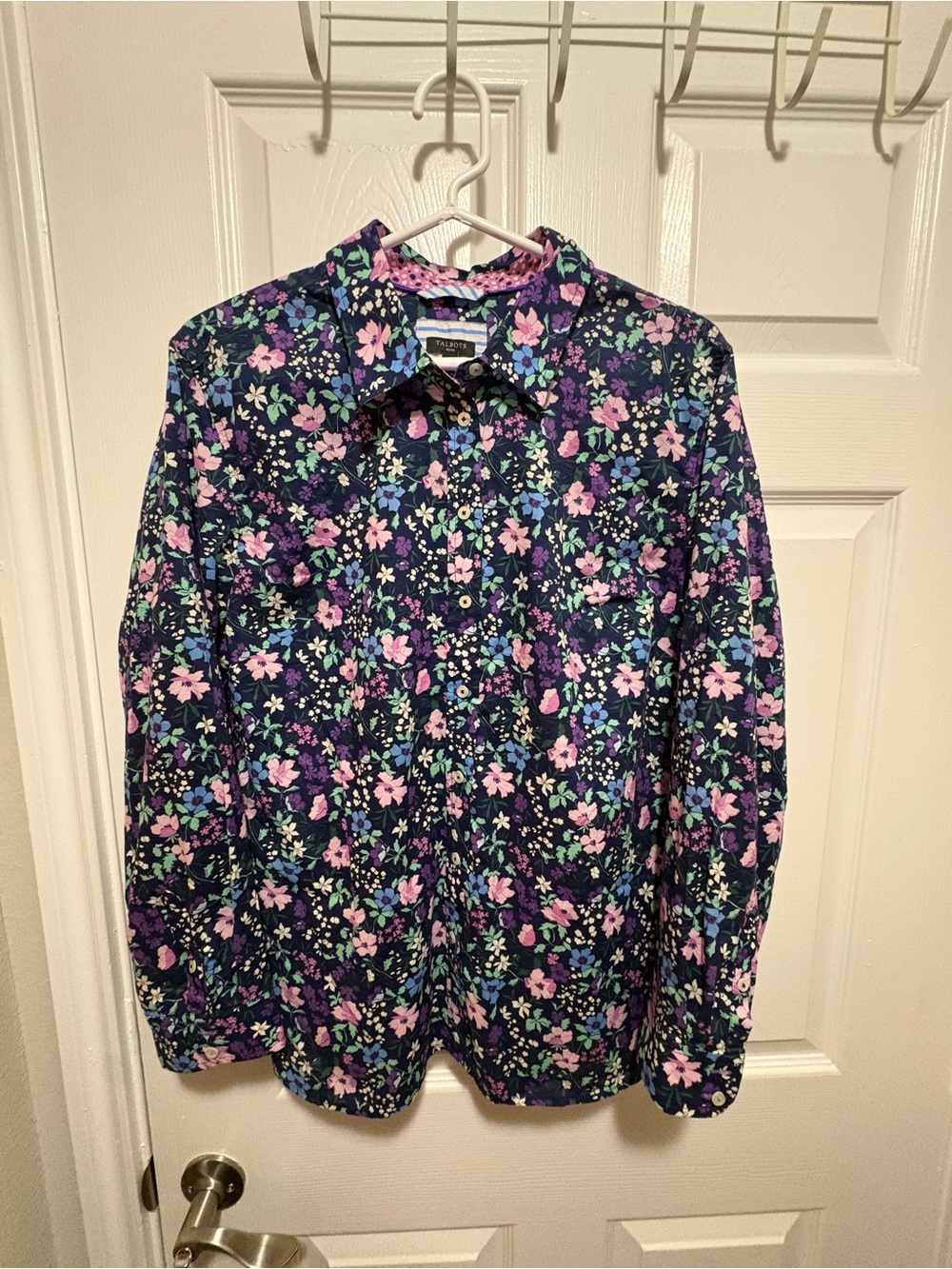 Talbots Navy Floral Button-Up Shirt with Pink & Green Blooms